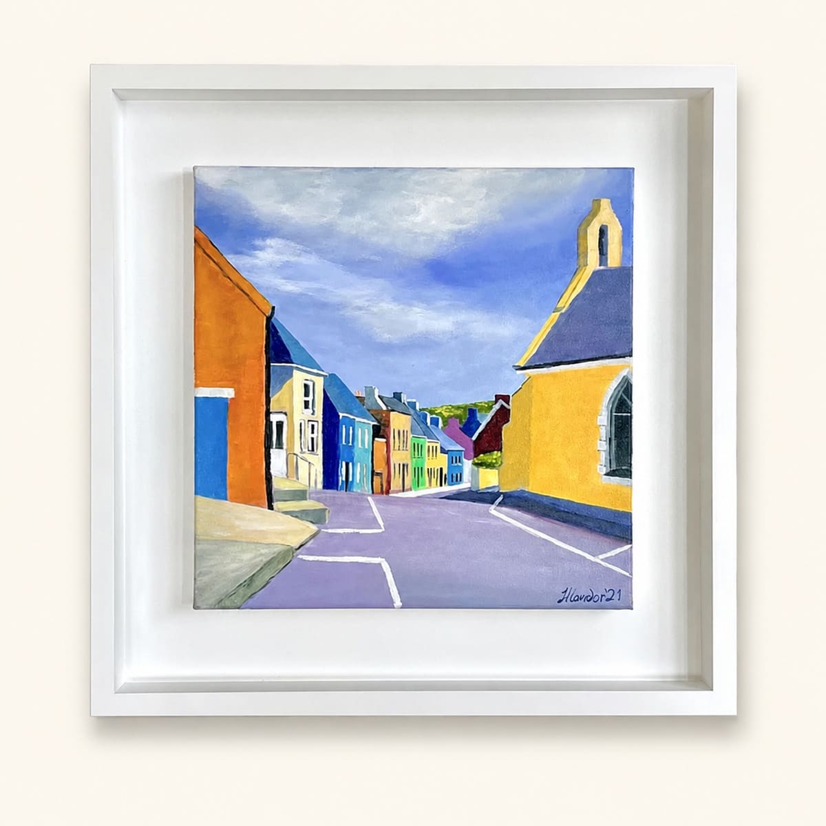 Eyeries Street View original Irish painting in a white frame by Helen Condon