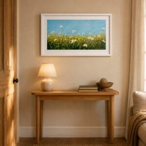 Full of Grace original Irish floral painting by Helen Condon shown above a small console in a cosy interior.