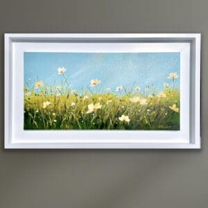 Full of Grace original Irish floral painting of buttery-white wildflowers by Helen Condon in a crisp white frame.