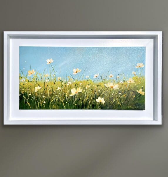 Full of Grace original Irish floral painting of buttery-white wildflowers by Helen Condon in a crisp white frame.