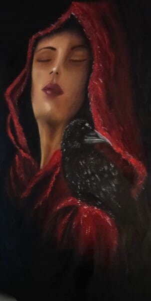 celtic, red, women, irish celtic, raven dubh, oil painting ravens