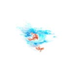 Abstract figurative watercolor and pen artwork with stylized figures floating within sweeping blue and cyan washes.
