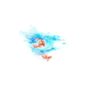 Abstract figurative watercolor and pen artwork with stylized figures floating within sweeping blue and cyan washes.