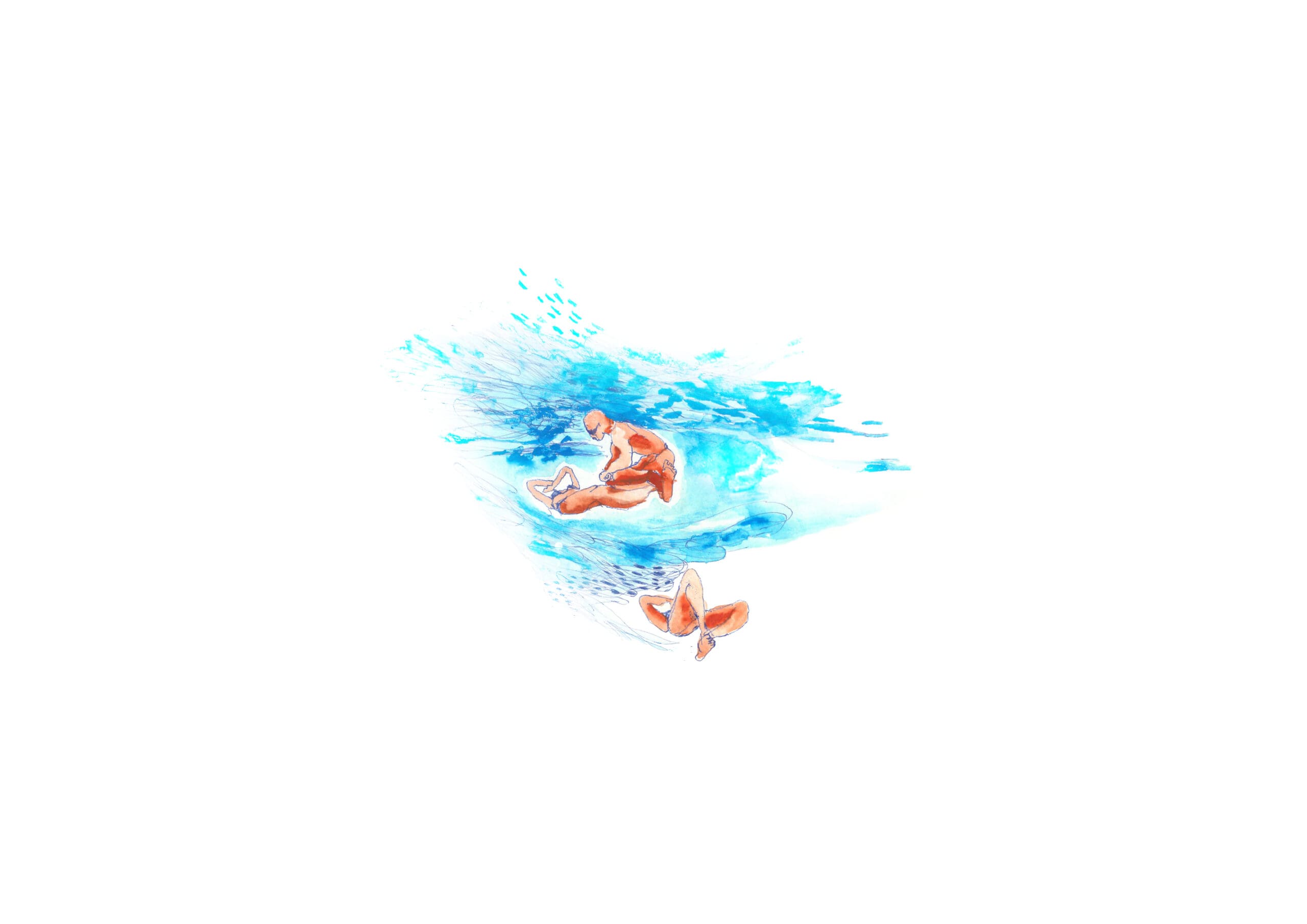 Abstract figurative watercolor and pen artwork with stylized figures floating within sweeping blue and cyan washes.